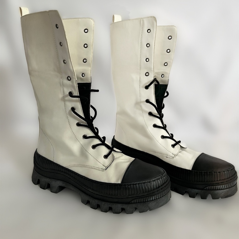 Free People White and Black Lace-Up Boots